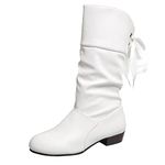 Ladies Fashion Solid Color Pleated Leather Bow Tie Back Thick Heel Medium Boots Womens Extra Wide Calf Boots (White, 5)