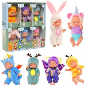 Barwa 6 Pcs 3 Inches Mini Reborn Baby Doll Toy Action Figures Tiny Lifelike Realistic Baby Doll with Animal Clothes Fun Ornament Small Baby Doll for Toddlers Kids Xmas Gift