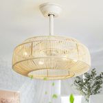 SYDACG 20" Caged Boho Ceiling Fan with Light, Rattan Chandelier Ceiling Fans with Lights Remote Control, Enclosed with 6 Speeds for Bedroom, Nursery, Living Room