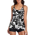 Women's Swimming Two Piece Tankini Sets Push up Tummy Control High Waisted Swimsuits 2 Piece Swimwear Bathing Suit Beach Wear Tankini Top with Shorts for Ladies (C-White Flower, S)