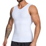 SLIMBELLE Compression Vest Men V-Neck Elastic Slimming Waist Trainer Tummy Control Base Layer Undershirts Compression top Shapewear Body Shaper for Men White