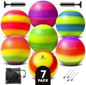 7 Pack 8.5 Inch Rainbow Playground Balls – Bouncy Balls for Kids, Seniors & Adults – Inflatable Colored Rubber Balls for Kickball, Dodgeball, Handball – Mesh Storage Bag, 2 Pumps & 4 Pins