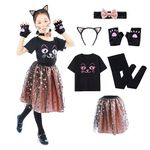 Wbesty Halloween Black Cat Costume for Girls with Slim Fit Cat Face T-Shirt, Bow Collar with Bells and Gold Puffy Dress, 7-8Y