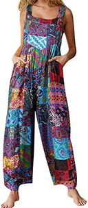 Himosyber Women's Patchwork Dual Pocket Jumpsuit Loose Floral Print Bohemian Wide Leg Bib Overall, 1blue, Medium