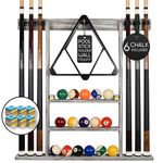 BILLIARDS XPRESS Pool Cue Rack - Pool Stick Holder Wall Mount with 16 Ball Holders & 6 Pack of Chalk - Rubber Circle Pads & Large Clips Prevent Damage - Billiard Table Accessories for Man Cave (Gray)