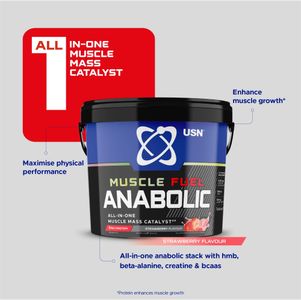 USN Muscle Fuel Anabolic Mass Gainer, Strawberry, 4kg – 54g Protein, Creatine, BCAA
