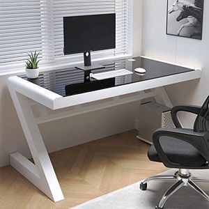 WYWL Escritorio de cristal templado para computadora, diseño moderno, marco de metal en forma de Z, ideal para oficina en casa, estudio y escritorio para juegos
