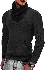 COOFANDY Men's Knitted Turtleneck Pullover Shawl Collar Sweaters Slim Fit High Neck Hoodies with Pockets, Pure Black, Large