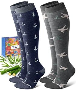 Lalapapa Bamboo Viscose Compression Socks for Women Men - 2 Pairs 15-20mmHg Knee High Graduated Compression Socks for Women Men Cute Breathable for Nurse Pregnancy Travel, Travel Design, L / XL