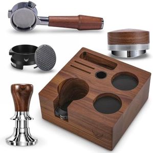 KNODOS Breville Barista Express Accessories Kit 6pcs Includes 54mm Walnut Tamping Stand, Auto Leveling Tamper, Distributor, Bottomless Portafilter, Dosing Funnel and Puck Screen
