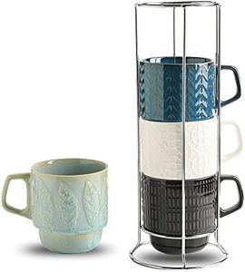 KOOV Ceramic Coffee Mug Set with Stand, 16 oz Coffee Mug for Coffee, Tea, Cocoa, Stackable Ceramic Coffee Cup Set of 4, Large Coffee Mugs for Women, Men, Big Coffee Mug Set of 4 (Blueset)