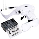 Magnifying Glass，USB Charging Hands Free Head Magnifier with 2 LED Light and 5 Lenses（1.0X 1.5X 2.0X 2.5X 3.5X），Professional Jeweler's Loupe Light Bracket and Headband are Interchangeable