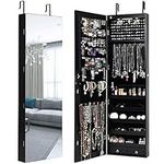 RELAX4LIFE Jewellery Cabinet, Door Hanging/Wall Mounted Cosmetic Jewelry Armoire with LED Lights & Full Length Mirror, 2 IN 1 Lockable Makeup Storage Organizer for Bedroom Living Room (Black)