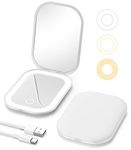 Gospire Lighted Travel Makeup Mirror with Light and Magnification 1X/3X, Stepless Dimming and Three-Color Adjustable Lights, Rechargeable Battery and Compact Size for Purse and Portable Use - White