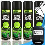 4TRESS Autotek 4 x 500ml Gloss Black ALLOY WHEEL Spray Paint Aerosol Cans Non Slip Car Dash Mat and Pair of Disposable Gloves