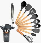 Alciono Silicone Kitchen Tool Set Cooking | Heat-Resistant Non-Stick Utensil Set Cooking Tools | Turner, Whisk, Spoon, Brush, Silicon Spatula Set, Ladle Slotted Tongs Pasta Fork- Set of 10 | Grey