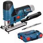 Bosch Professional 12V System GST 12V-70 Cordless Jigsaw (2 x Saw Blades, Glide Shoe, Anti-Splinter Guard, Cutting Depth in Wood: 70 mm, excluding Batteries and Charger, in L-BOXX)