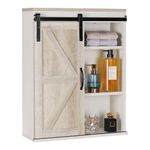 RUSTOWN Farmhouse Wood Wall Storage Bathroom Cabinet with Sliding Barn Door, Rustic Medicine Cabinet with Adjustable Shelf, 3-Tier Vintage Cabinet for Kitchen Dining, Bathroom, Living Room (White/Oak)