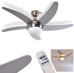 Ceiling Fan Morino Made of Metal/Wood/Glass in Nickel matt/Silver, Ceiling lamp with Fan incl. Remote Control switchable in 3 Steps, Suitable for Summer and Winter, Without Bulbs