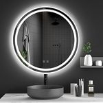 Dripex 600mm Round Bathroom Mirror with LED Light, Illuminated Wall Mounted Vanity Mirror with Demister, Anti-fog Large Circle Makeup Mirror, 3-Color Dimmable LED Light, IP44