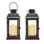 LampLust Outdoor Solar Powered Lantern with Flameless LED Pillar Candle: 11 Inch Tall, 2 Pack, Waterproof, Black Metal, Hanging Decorative Candle Lamp for Porch, Floor or Patio Home Decor