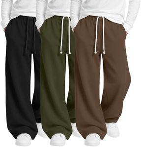 Mumucove 3 Pack Boys Baggy Sweatpants Wide Leg Open Bottom Drawstring Elastic Waist Athletic Joggers Pants with Pockets 6-16y(Light Coffee, Army Green, Black,8-9 Years)