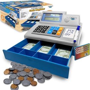 Dr. STEM Toys Solar Powered Calculator Pretend Cash Register with Play Money – 67-Piece Set for Learning Math Skills, STEM Cash Register for Kids (Gray)
