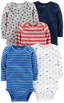 Simple Joys by Carter's Baby Long-Sleeve Bodysuit Pack of 5, Blue/Grey Trucks/Red Stripes, 0 Months