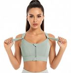 GLAMORAS Women Green Polyester Spandex Padded Wirefree High Impact Work Out Bra With Support Front Zipper Gym Padded Bras With Adjustable Straps Criss Cross Back Gym Yoga Workout Running, Size: M-2Xl