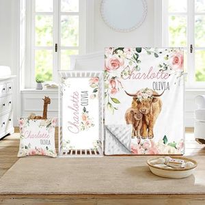 Duckbe Custom Crib Bedding Set - Highland Cow Design Personalized Name Baby Nursery Bed 3 Pcs Set - Chic Soft Blanket with Dotted Backing, Sheet, Pillowcase for Newborn Girls Boys Gifts Color02