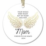 in Loving Memory of Mom Ornament 2024 Christmas Memorial Loss of Mother Anniversary Keepsake Family Friend Sympathy Gifts Funeral Service Condolence Gold Angel Wings 2.8" Flat Circle Ceramic