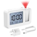 CHEREEKI Projection Alarm Clock, Digital Projector Clock Mains Powered Bedside with Big Digit Display, Indoor Temperature Display, Snooze, 4 Adjustable Brightness for Bedroom, Home (White)