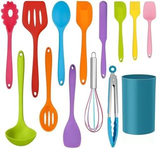 LIANYU 14 Pcs Cooking Utensils Set with Holder, Silicone Kitchen Cookware Utensils Set, Heat Resistant Cooking Gadget Tools Includes Spatula Spoon Turner Whisk Tong, Dishwasher Safe, Colorful