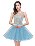 MisShow 2024 Women's Cocktail Dresses Crystals Applique Short Prom Homecoming Dresses, Sky Blue, M