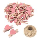 50Pcs Pinkish Mini Wooden Heart Clothespins, Multicolor Small Clothespins with Heart, 3cm Heart Photo Clips, Tiny Clothes Pins with String for Photos Display,DIY Craft,Wedding&Baby Shower Decor