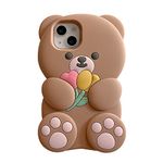 YAKVOOK Kawaii Phone Cases for iPhone,Cute Cartoon Phone Case Unique Fun 3D Soft Silicone Shockproof Cover Women Girls for iPhone (Bear Flower Brown, iPhone 13 Pro Max)