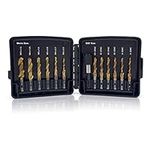 Combination Drill & Tap Bit Set, 6 pc SAE (6-32NC ~ 1/4-20NC) and 6 pc Metric (M3 ~ M10) Titanium Coated Drill Bits Kit for Drilling Screw Threads Tapping Countersinking, with Quick Change Adapter