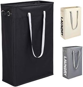 Caroeas Cloth Clothes Basket, 24 Handy Hanging Laundry Basket Tall & Slim Hamper Waterproof Laundry Bag Collapsible Travel Laundry Bag with Breathable Mesh Cover & Soft Handle Laundry Hamper (Black1)