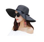 CLOTHERA Summer Big Brim Floppy Straw Beach Hats for Women (Beige) (Black with Black Ribbon)