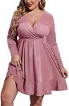 IN'VOLAND Plus Size Womens Glitter Dress V Neck Long Sleeve Ruffle Hem Swing Club Cocktail Party Dresses Pink