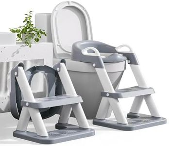 Potty Training Seat with Step Stool Ladder, Stability Toilet Seat with Toddler Seat for Kids Boys Girls, Anti-Slip Pads, Urinal Splash Guard, 2 in 1 Foldable Potty Seat with Steps (Grey)