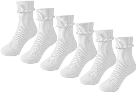 JOCMIC Girls Ruffle Socks Seamless Ripple Edge Turn Cuff Crew Socks for Toddler Kids 6 Pairs 7-10 Years White