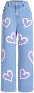 OYOANGLE Girl's Cute Heart Print Elastic Waist Straight Leg Jeans Trendy Denim Pants Blue 10Y