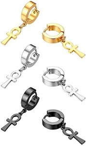 Rofusn 3Pairs Men's Womens Ankh Cross Dangle Hinged Piercing Hoop Earrings