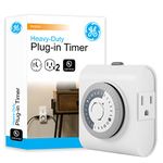 GE 24-Hour Heavy Duty Indoor Plug-in Mechanical Timer, 2 Grounded Outlets, 30 Minute Intervals, Daily On/Off Cycle, for Lamps, Seasonal, Christmas Tree Lights and Holiday Decorations, 15075, White