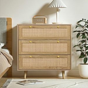 Anmytek 3 Drawer Dresser for Bedroom, Rattan Dresser Modern Wood Chest of Drawers with Spacious Storage for Bedroom Hallway Living Room, Rustic Oak, H0027