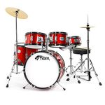 Childrens Drum Kit 5-Piece Set for Kids with Snare, Toms, 16" Bass Drum, Bass Drum Pedal, Hi-Hat and Crash Cymbals, Throne and Sticks - Red - TIGER JDS14-RD