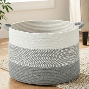 Artfeel Large Natural Woven Blanket Basket, 100L Boho Decorative Cotton Rope Basket for Blankets Pillows and Toddler Toy Storage, Rope Blanket Storage for Living Room, Laundry, Nursery (Gery)