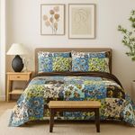 Tache Home Fashion Hawaiian Cotton Floral Patchwork Bedspread Quilt - Lost Forest - Lightweight Summer Reversible Blue, Green, Brown Leaves Coverlet Set - California King