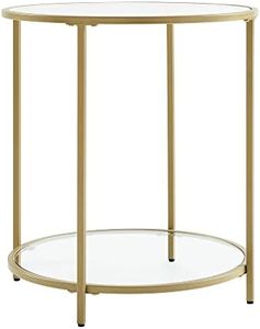 VASAGLE Tavolino Rotondo, Tavolino da Salotto in Vetro Temperato con Struttura in Acciaio, Tavolino da Divano con Ripiano Inferiore, Stile Moderno, per Soggiorno Camera da Letto, Dorato LGT034A61